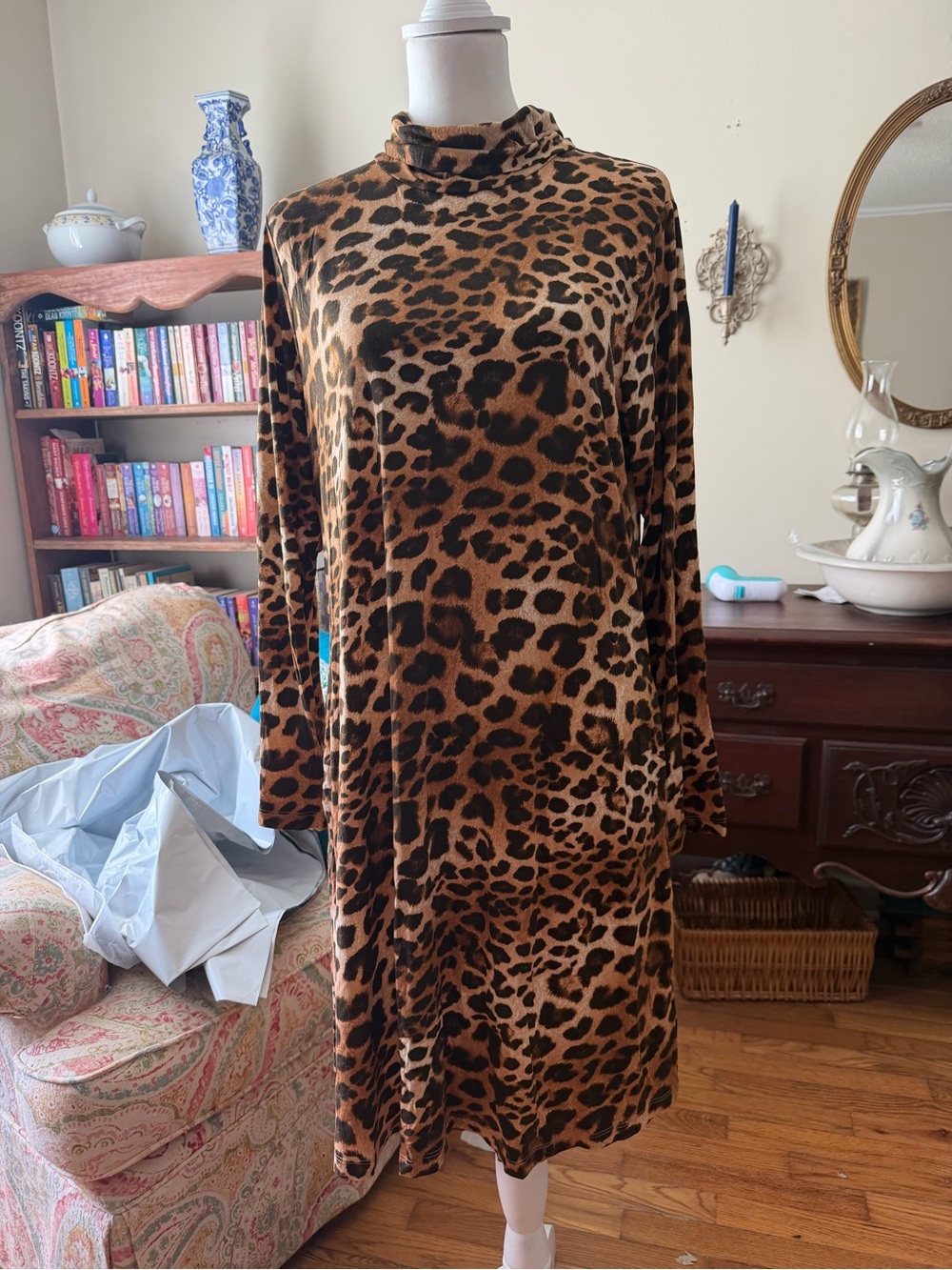Karen Kane Leopard-Print Long Sleeve Mock Neck Dress - Brown/Black